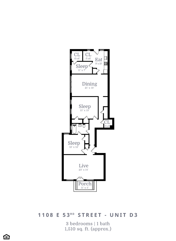 Floor plan for 3 beds, 1 bath, 1510 sqft